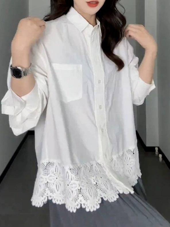 レディース ブラウス 白 レース 切り替え ゆったり 春 ビッグサイズ 痩せ見え インナー レイヤード トップス 普段使い カジュアル スタイル
