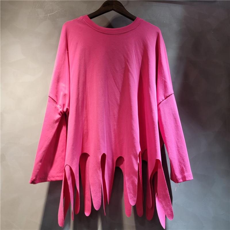 レディース 長袖 Tシャツ ゆったり ビッグシルエット 不規則 波状 フリンジ 付き 単色 インナー トップス カジュアル 普段使い 伸縮性 柔らかい 素材
