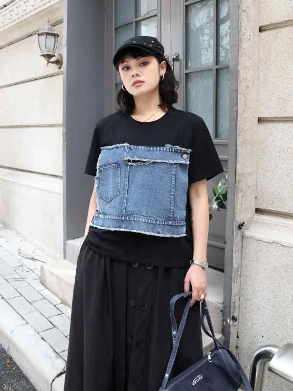 Tシャツ レディース 短袖 アメリカン ストリート フェイクツーピース デニム 切り替え デザイン カジュアル ユニーク トップス 普段使い