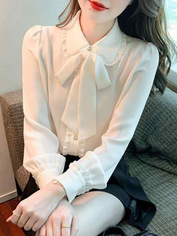 ブラウス 長袖 レディース 春秋 リボン ゆったり シフォン トップス デザイン 上品 軽やか ユニーク ワイドシルエット エレガント 透け感