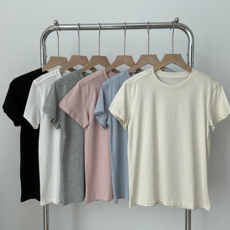 レディース 春夏 半袖 Tシャツ 綿素材 丸首 フィット感 トップス 普段使い カジュアル 軽量 吸湿速乾 ストレッチ ブラック ホワイト ピンク系