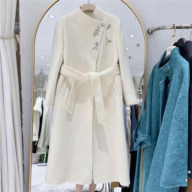 コート レディース 秋冬 中華風 高級感 ダブルフェイス 羊毛 ロング丈 ウール 暖か アウター ベルト 刺繍 デザイン レトロ スタイル