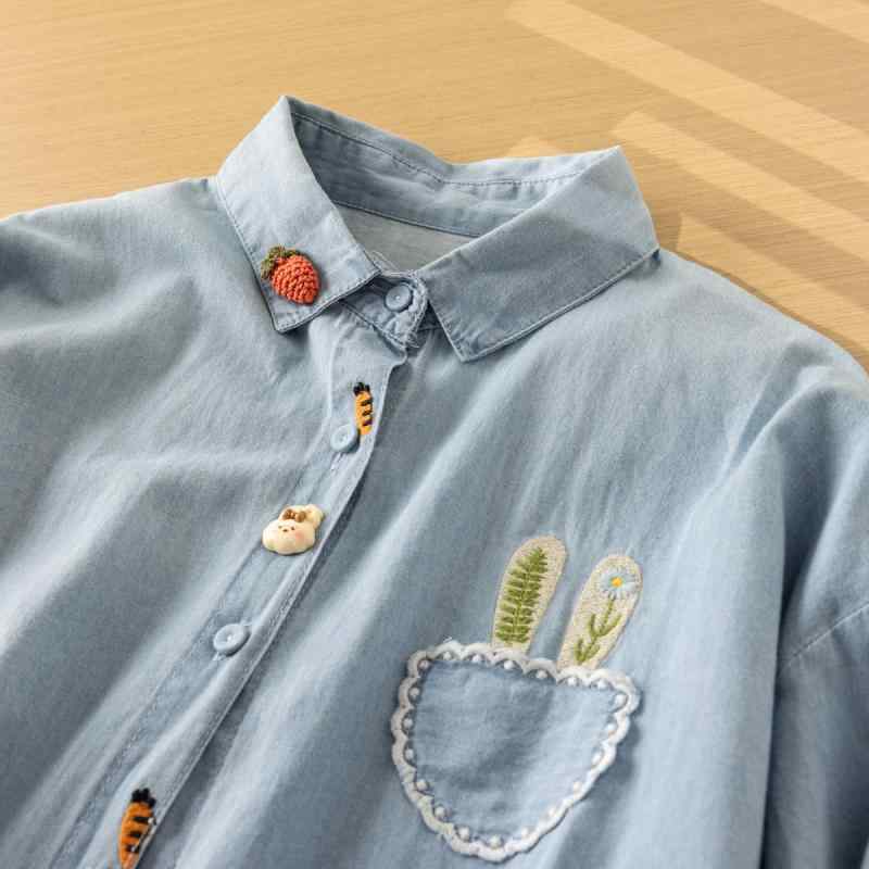 シャツ 女性用 長袖 デニム 刺繍 ゆったり レトロ クラシック ウォッシュドコットン トップス 普段使い カジュアル 軽量 綿素材