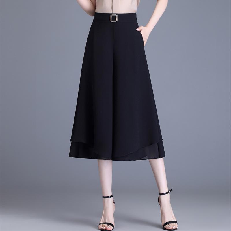 レディース シフォン ワイドパンツ ハイウエスト 7分丈 夏用 シンプル ドレープ感 脚細見せ 軽量 通気性 涼しい 普段使い