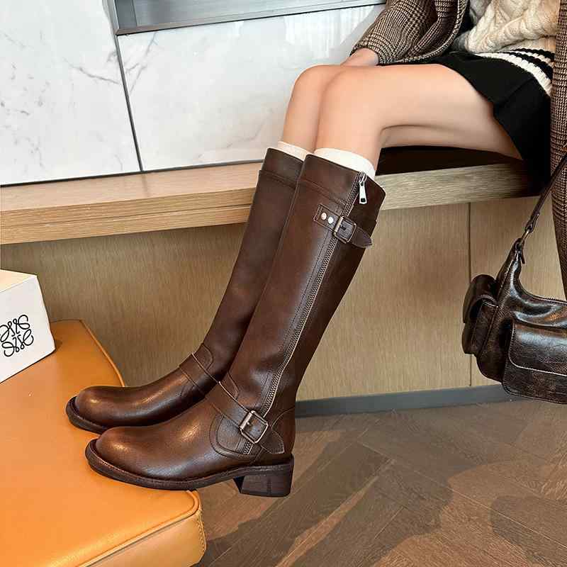 ロングブーツ ウエスタン表現スタイル 乗馬者 厚底踵 レトロデザイン 赤銅色 本革原料品 ミッドカーフ丈 三尺帯バックル 秋冬向け 普段使い走り 優しいこと 耐久性