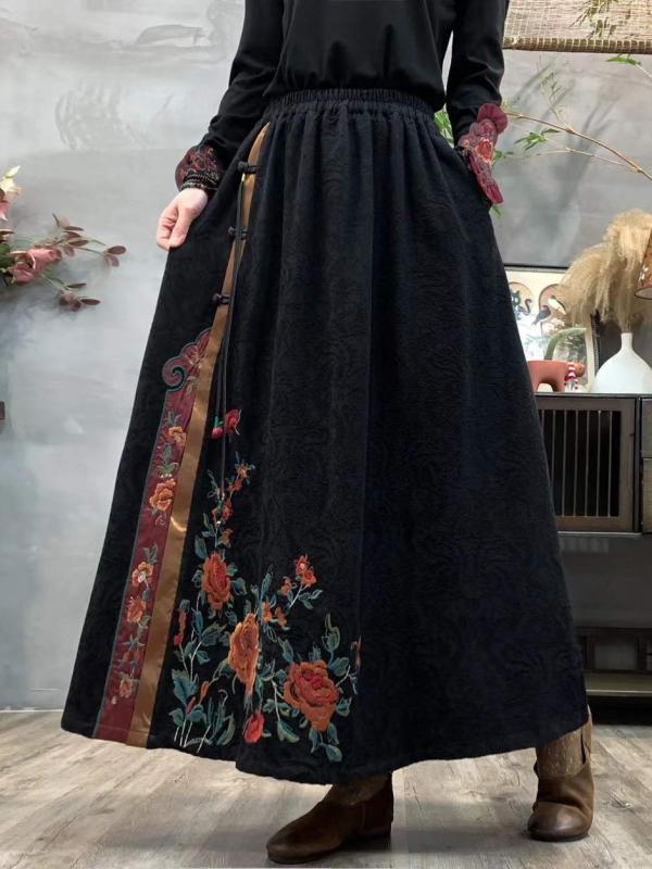 レディース スカート 春夏 綿麻 織り柄 刺繍 無地 ミディ丈 中国風 芸術的 フェミニン 膝下丈 軽やか 普段使い 通勤対応 再生繊維 混