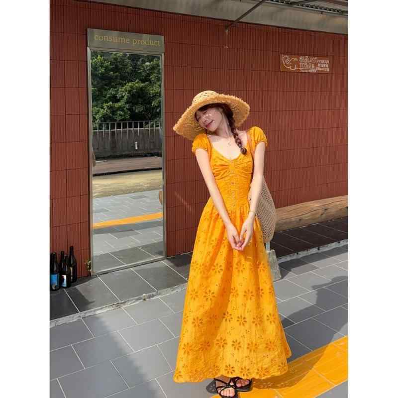 ワンピース レディース 夏 パフスリーブ 透け感 ウエストシェイプ スリムシルエット 上品 ロングドレス アフタヌーンティースタイル 軽やか 涼感 カジュアル