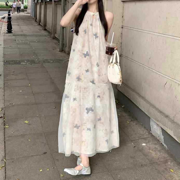 ワンピース レディース 夏 中華風 蝶柄 プリント ハルターネック Aライン ディスクボタン 切り替え 軽やか デザイン コットン混 吸湿速乾 膝丈 フェミニン スタイル 通勤 普段使い