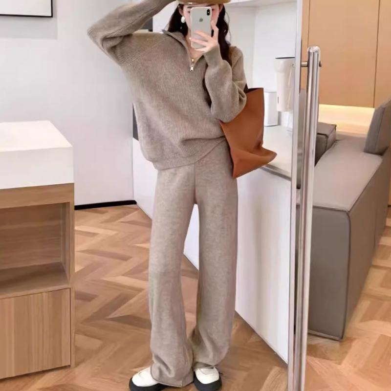 レディース ニットセットアップ 秋冬 シンプル ファッション ハーフジップ プルオーバートップス ワイドレッグパンツ 2ピース 柔らかい 伸縮性 暖かみ カジュアル 日常使い