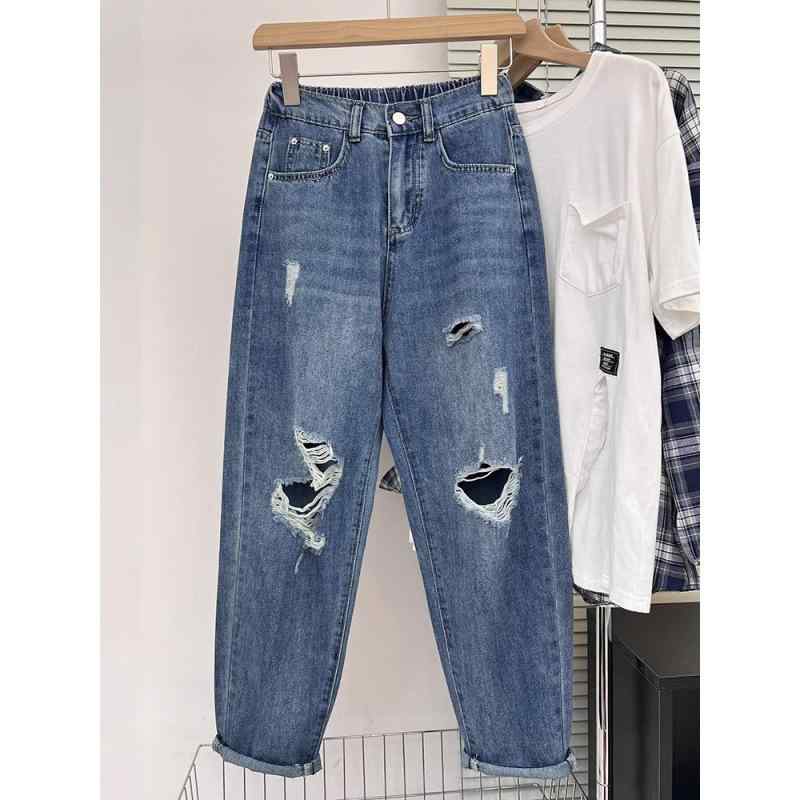 レディース デニムパンツ ダメージ加工 破れ穴 夏用 薄手 ゆったりシルエット スリム見え ハーレムパンツ ダッドパンツ 大きいサイズ ぽっちゃり対応 梨型体型 カジュアル デニム素材 伸縮性 普段使い