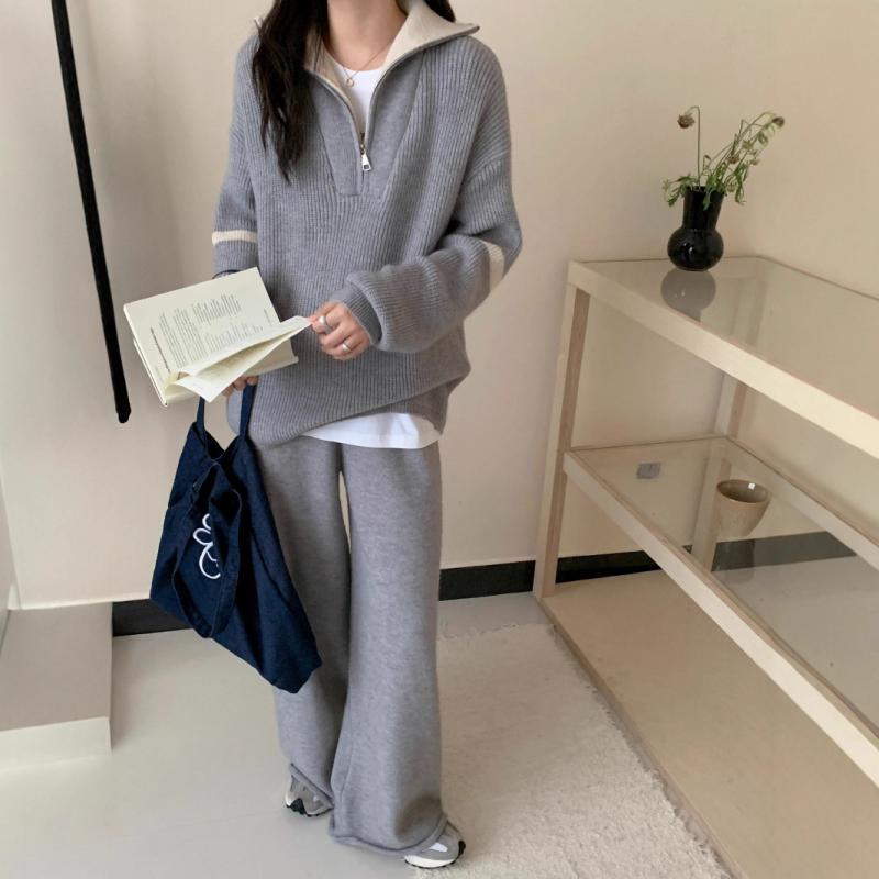 秋冬 レディース ニット セットアップ ゆったり ワイドパンツ ハーフジップ 襟付き カジュアル ルーズフィット ニット素材 日常使い 柔らかい 着心地 良い