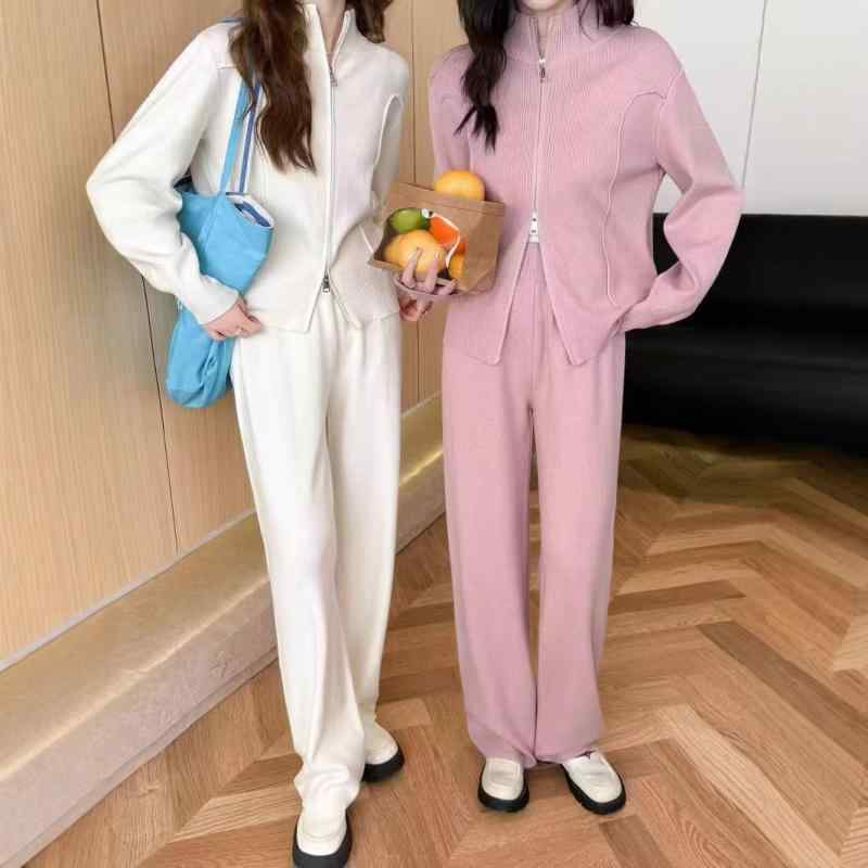 レディース 秋冬 ニット セットアップ ワイドパンツ ジッパー カーディガン 伸縮 ウエスト カジュアル スタイル 暖かみ ゆったり シルエット 日常使い｜SEIYUショップ