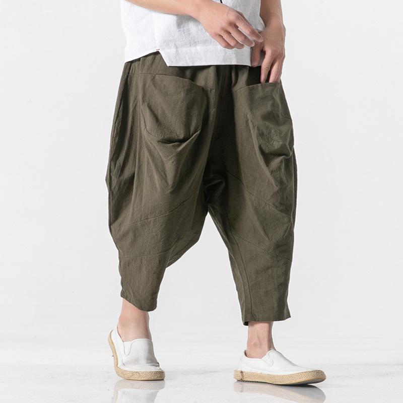 メンズ ワイドパンツ ゆったり 綿麻 中国風 7分丈 ランタン ビッグシルエット 秋 カジュアル ボトムス 吸湿速乾 軽量 通勤 普段使い