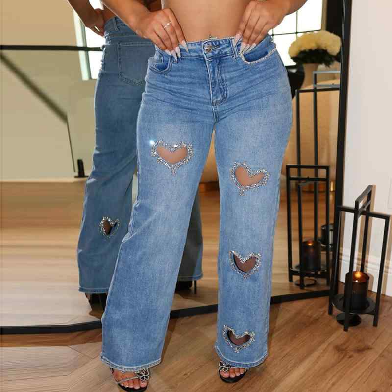 レディース 秋冬 ストレート デニム パンツ ハート型 ホロー ラインストーン 付き ロング ボトムス カジュアル 普段使い