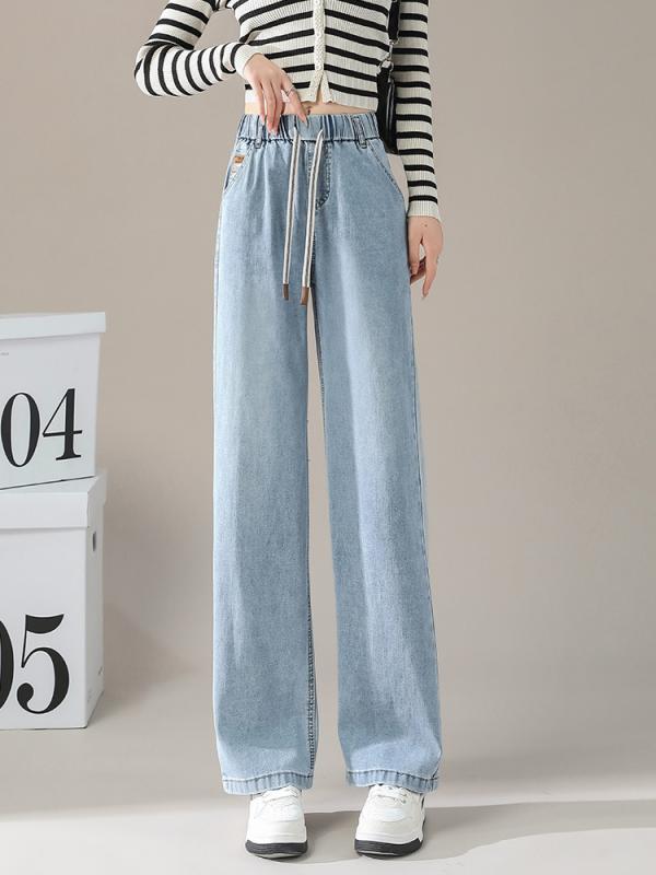 デニムパンツ レディース 春夏 ハイウエスト ストレート ワイドレッグ 伸縮ウエスト ゆったり ビッグシルエット スリム効果 大きめサイズ