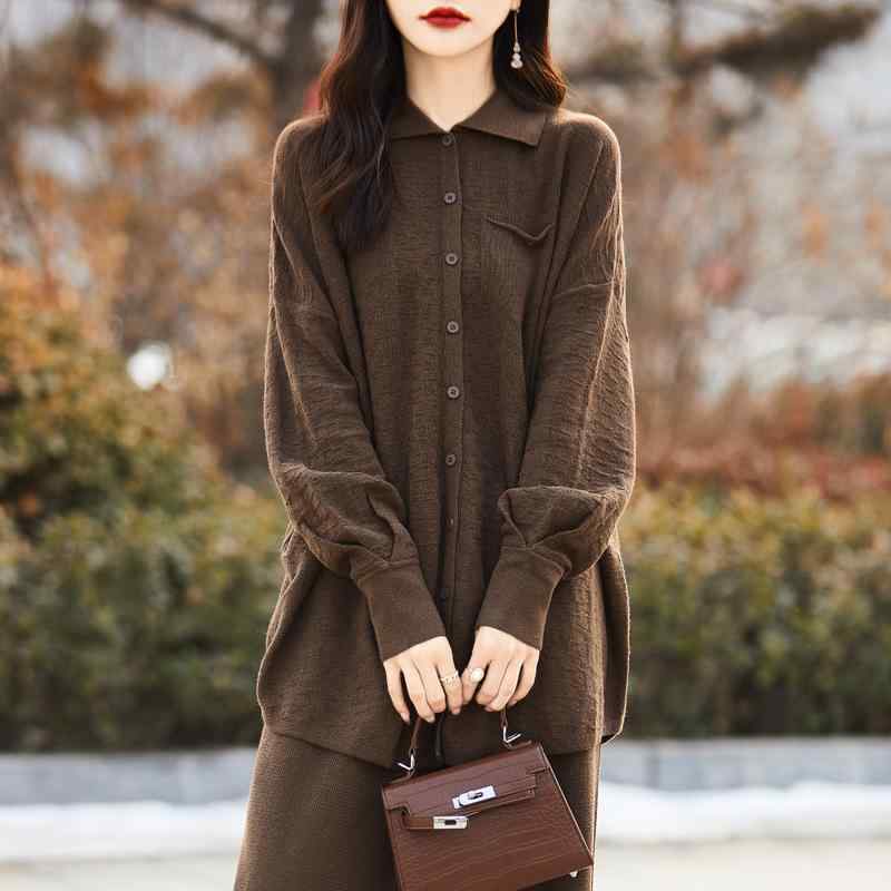 レディース 春夏 ポロ襟 滑らか ウール シャツ ゆったり ワイドレッグ パンツ ニット ロング カーディガン 床引き丈 ボトムス カジュアル 通勤 普段使い 高級感 セット