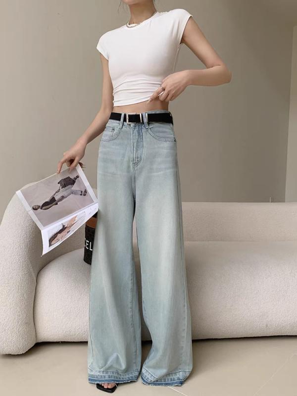 レディース デニムパンツ ハイウエスト ビンテージ ウォッシュ加工 ルーズ ワイドレッグ ストレート ロング丈 細見え カジュアル 普段使い ジーンズ ズボン ゆったり シルエット