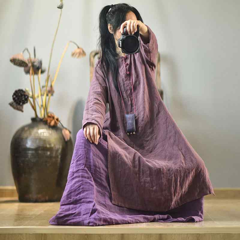 衣装 レディース 古 盤扣 ロング リネン 年月 通気性 軽さ 心地よい エスニック 砂洗 ヴィンテージ 手縫い 入眼