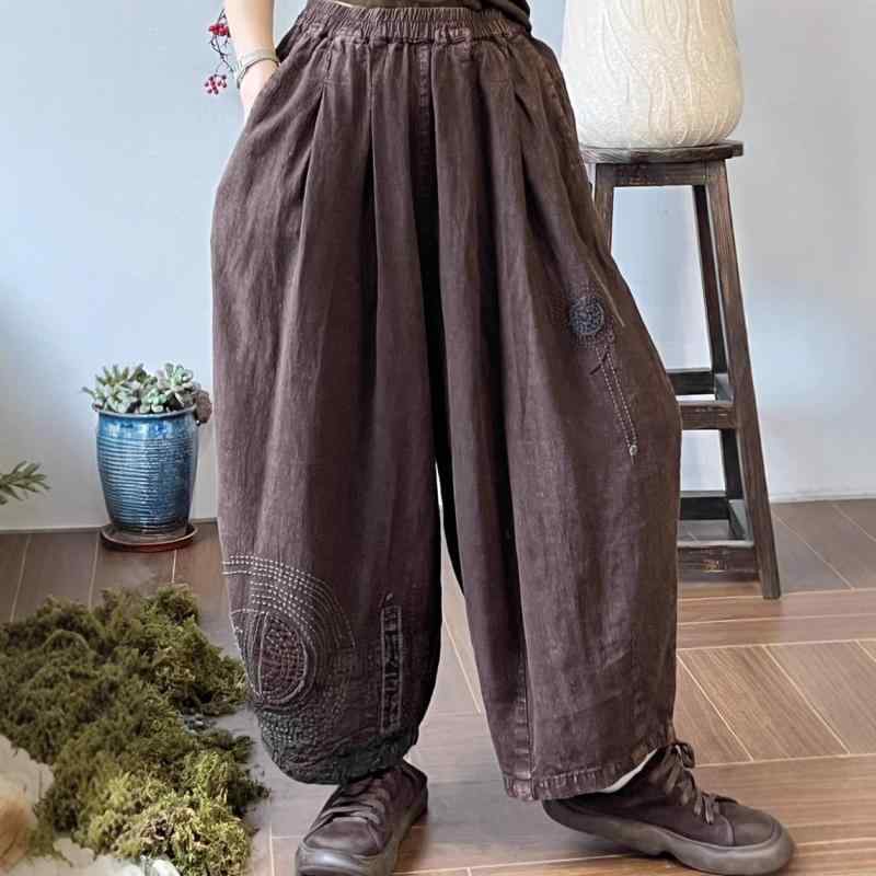 レディース リネン ワイドパンツ ビンテージカラー ゴムウエスト レトロ風 パッチ刺繍 ビッグサイズ クロップド丈 春夏 通気性 カジュアル 普段使い 伸縮性 9,843円