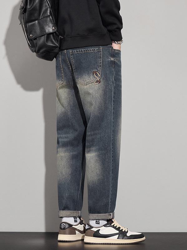 メンズ デニムパンツ ゆったり 微テーパード ストレッチ 再生繊維 レトロ ブルー系 カジュアル 普段使い 通勤対応 通年使用 軽量 吸湿速乾