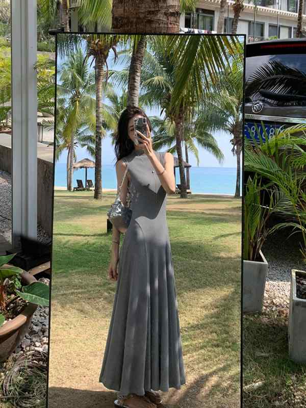 レディース 衣装 薄墨色 半高領 キャミソール 夏用 ロングお召しもの レトロ ドレープ 収腰 太陽フレア影ぼうし 口さかしい お上さんらしい 表現スタイル