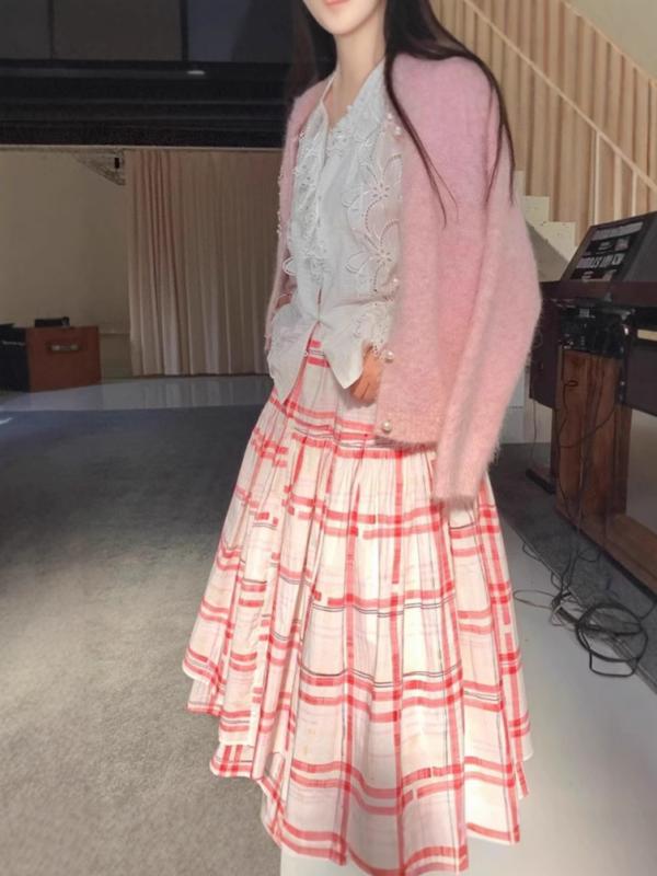 レディース スカート 夏 ハイウエスト Aライン ロング 赤 チェック柄 高級感 細見え 軽量 伸縮性 普段使い 通勤用 再生繊維 ビッグシルエット