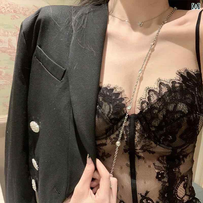 キャミソール レディース ランジェリー 細ストラップ 秋冬 セクシー ブラック レース 透け オープンバック 美背 インナー タンクトップ レイヤード トップス