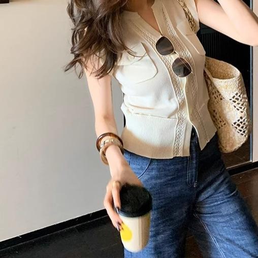 春夏 レディース 編み物ジレー 短袖 透け暗紋 軽さ 薄っぺら 涼感 か細い ラッフルエッジ 白いこと 窈窕たる 表現スタイル引き上げる 吸湿速乾 通い 普段使い