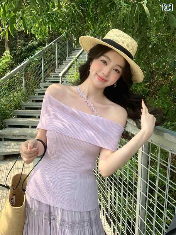 ニットトップス レディース 夏 一文字領 細見せかけ 軽さ 伸縮性 吸湿速乾 綿織物混 小船のど首 トップ 普段使い走り 冷やりとした 影ぼうし トップス プルオーバー