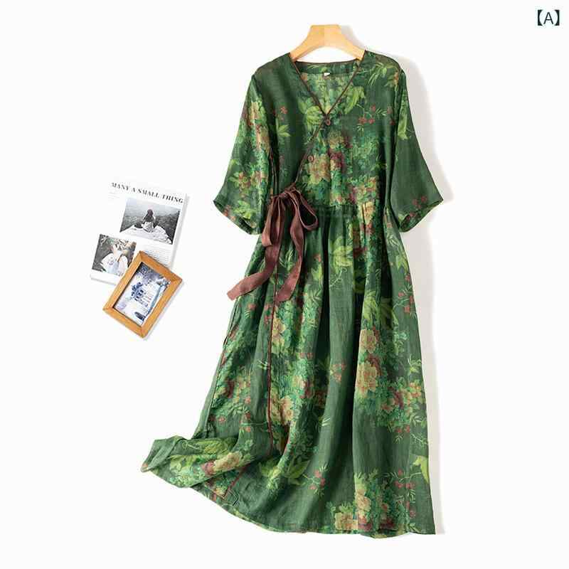衣装 レディース 夏用 中国 麻原料品 収腰 花柄刷り上げる 酉の方角シュロの葉 ロング丈 雅びやか おっ母さん流行り物 通気性 軽さ 吸湿速乾 御機嫌酉の方角 普段使い