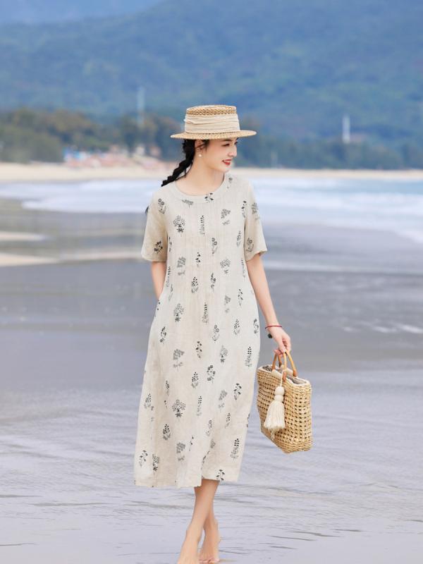 レディース 春夏 衣装 麻原材料 花柄 ゆったり 労働者の一団素っ首 レトロ 中袖 旅する用 心地好い 普段使い走り 軽さ 通気性 伸び伸びする 影ぼうし ビッグ大きさ 日常着 出かける用