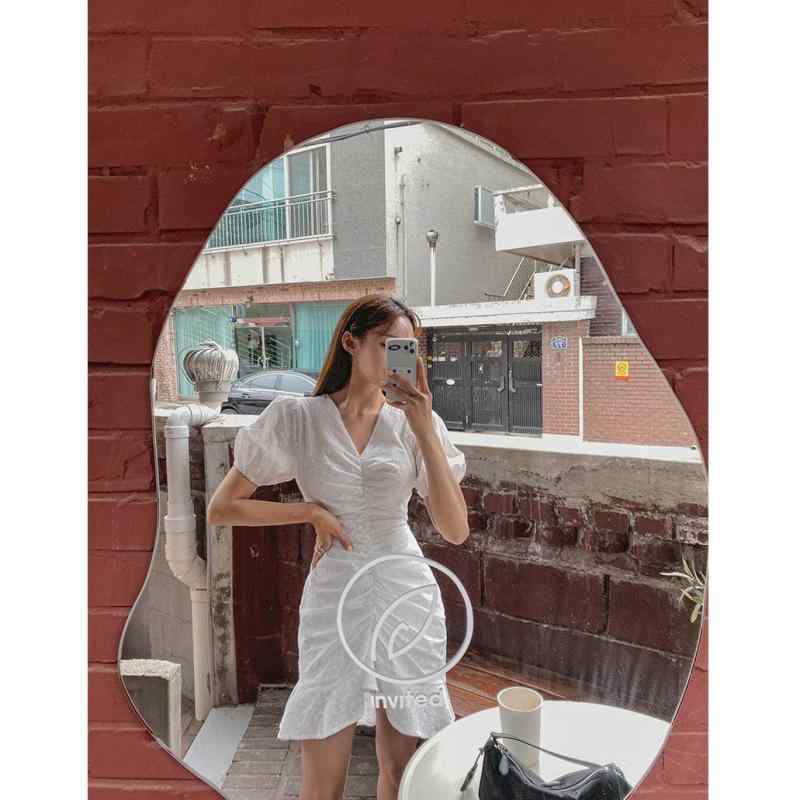 衣裳 レディース 夏 V首っ玉 筋目 御花柄 パフ捩り 女子らしい ガーリー 口さかしい midi丈 綿織物混 太陽フレア影ぼうし 通い 会う約束 普段使い