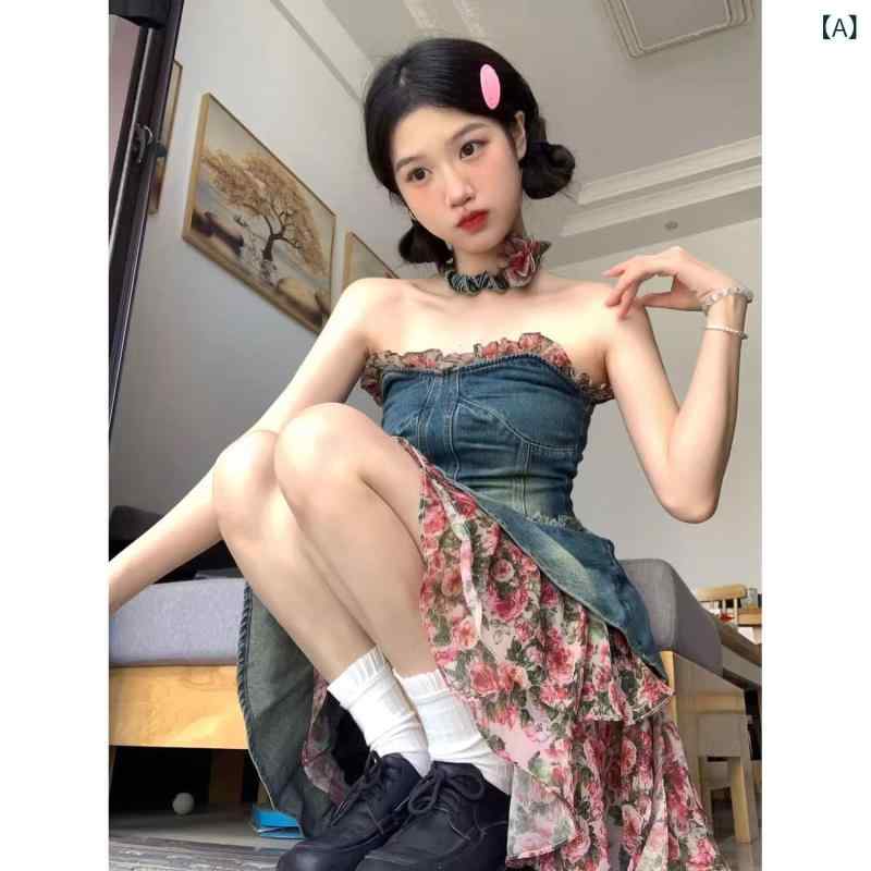 ワンピース レディース デニム ストラップ チューブトップ ショートドレス 夏用 レトロ バラ小花柄 セクシー ウエストシェイプ ロマンチック フローラルプリント カジュアル 普段使い 軽量 伸縮性
