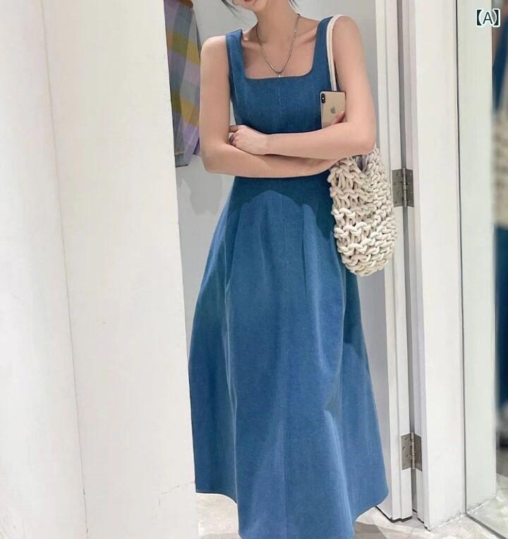 衣装 ジーンズ ノースリーブ ロング 青色 夏 たまり場 か細い填まる お上さん用 軽さ 伸縮性 通い 普段使い走り 心地よい