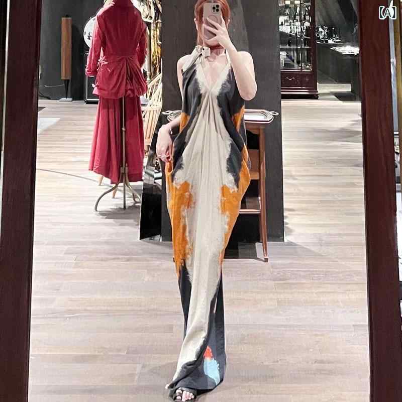 ワンピース レディース 夏用 中国風 岩彩柄 肩紐 背中開き 軽量 伸縮性 通勤 普段使い ビッグシルエット ブラック ピンク系