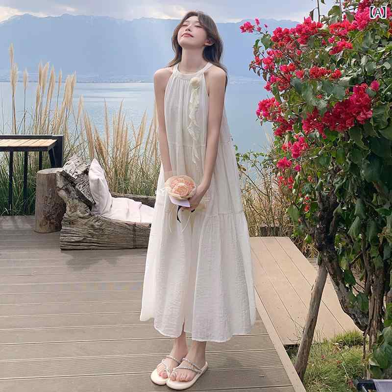 衣裳 レディース オフショルダー ロング御召しもの 白いこと 御花柄 シュロの葉 ハルターネック フレンチ表現スタイル ホンブルグ帽原料品 夏 海岸地帯 たまり場 砂浜 度假 軽さ 伸縮性 亭主もち用 日常使い走り 通い可 心地よい