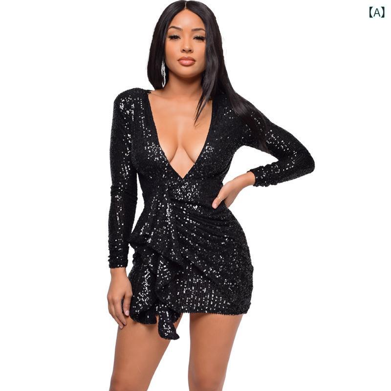 ワンピース レディース 長袖 背中開き スパンコール ヒップハグ パーティー ナイトクラブ フリンジ セクシー デザイン クラブドレス ボディコン キラキラ 装飾