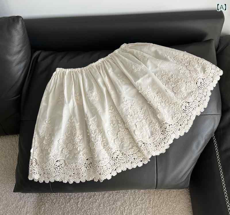 スカート レディース ショート丈 フリル 刺繍 レース 伸縮ウエスト 森ガール かわいい デザイン 軽量 普段使い
