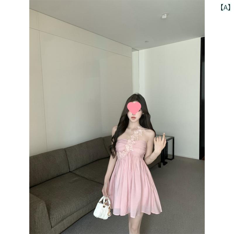 ワンピース レディース ピンク レース 切り替え オフショルダー チューブトップ 夏 セクシー ミニ スリム ウエスト 軽量 伸縮性 吸湿速乾 カジュアル