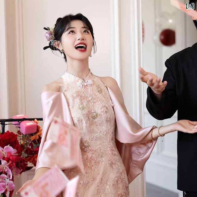瀬戸ものお召しもの お上さん用 サクラ色 今めかしい中華 寄りあい礼服 エンゲージメント寄りあい 一緒になる御芽出度 年会フォーマル 敬酒お召しもの うつり変わり 晴れ晴れしい表現スタイル