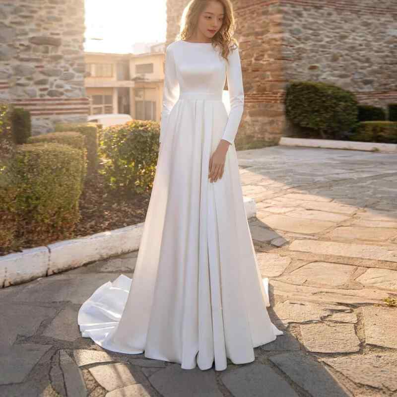 ウェディングドレス ムスリム 新婦用 長袖 Aライン サテン素材 ロングトレーン 床引き エレガント 光沢 シルエット フォーマル ガウン モダン スタイル|SEIYUショップ