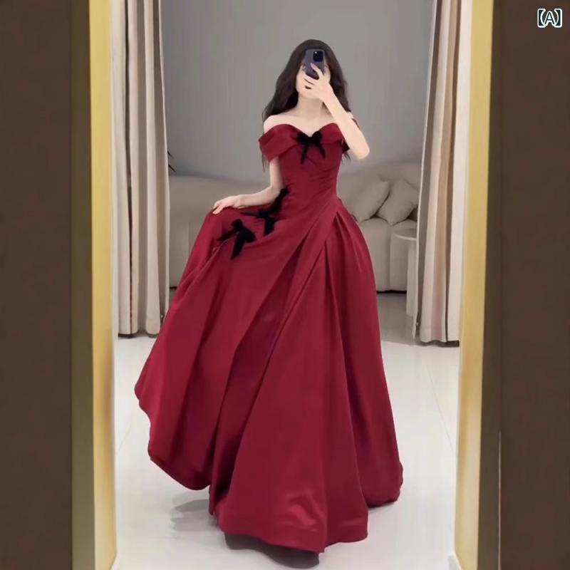 お召しもの レディース 赤 オフショルダー か細い 御前上等感 雅びやか レトロ 花嫁御寮用 エンゲージメント寄りあい 成年者式 敬酒服 ボディコンシルエット フォーマルウェア