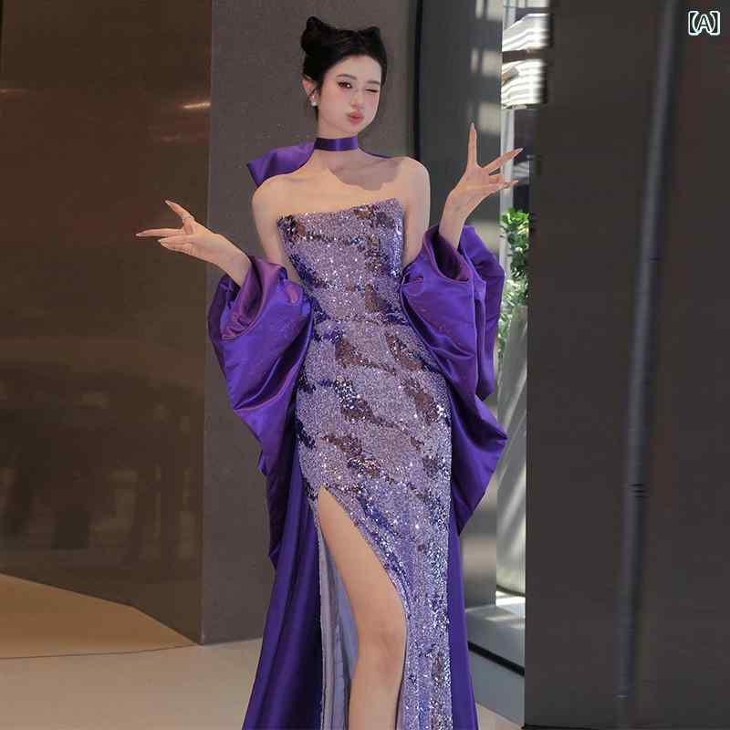 ワンピース レディース 紫 フィッシュテール イブニングドレス パーティードレス 誕生日パーティー用 結婚式新婦敬酒服 司会者向け 上品 高級感 タイトシルエット 膝丈 フォーマルウェア 女性用 ドレッシー 華やか スタイリッシュ｜SEIYUショップ