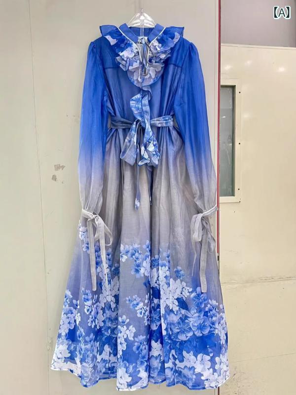 レディース 春夏 ロング衣裳 紐付き スカロップ Vのど首 レトロ 花柄刷り上げる シュロの葉 ゆったり 酉の方角三尺帯 心地好い  口さかしい 影ぼうし 日常使い走り