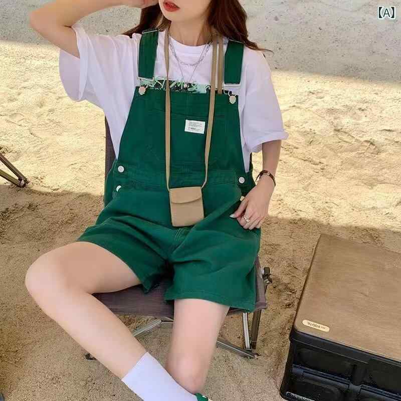 レディース デニム サスペンダー ショートパンツ グリーン 夏用 ゆったり ストレート ビッグサイズ カジュアル 普段使い 軽量 伸縮性 吸湿速乾|SEIYUショップ