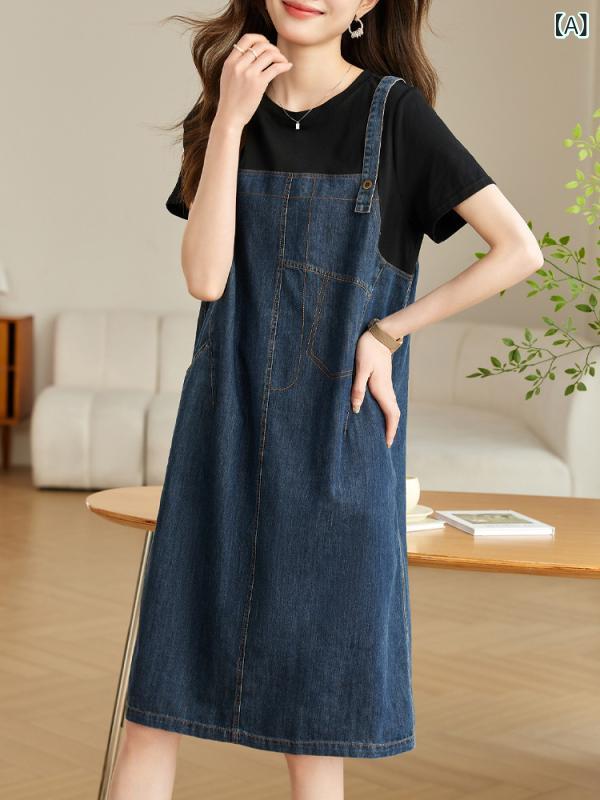 衣装 レディース 夏 ジーンズ ズボン吊り うつり変わり フェイクツーピース か細い 影ぼうし 小っちゃい相応う 心地よい 普段使い走り 綿織物原料品 軽さ 伸縮性