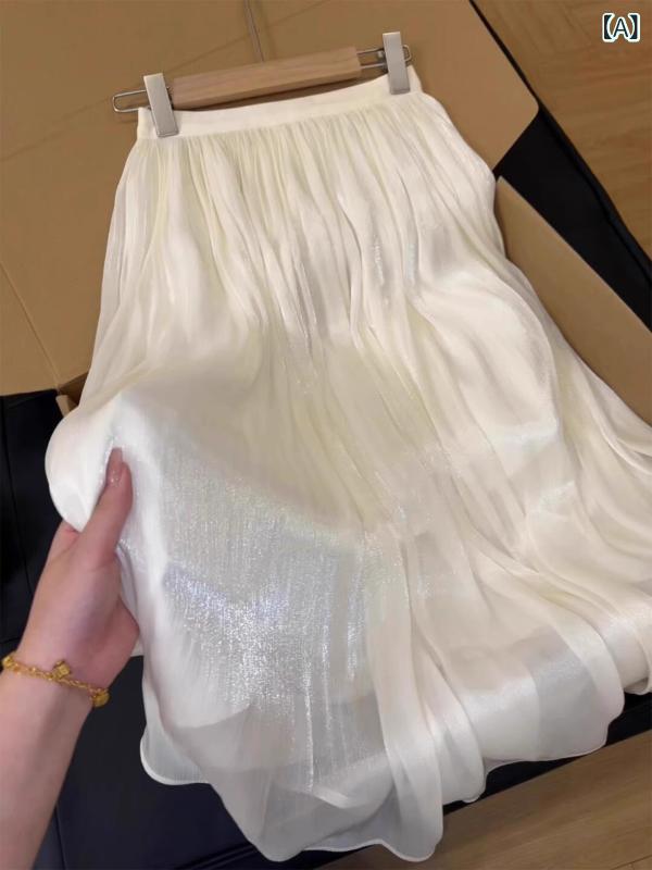 レディース スカート ハイウエスト Aライン ミディ丈 光沢 金色 シフォン 夏用 シャイニー チュール フェミニン 軽量 揺れる シルエット ゴールド 輝き 女性らしい デザイン 通勤 普段使い｜SEIYUショップ