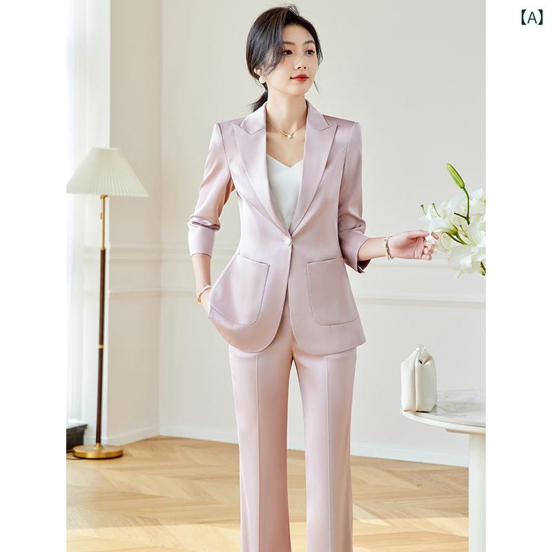 背広 レディース さくら色 薄っぺら 御前上等感 夏 仕事用 フォーマル 商行為 御勤め用 セットアップ スポーツジャケット 上衣 雅びやか 上品さ 亭主もちらしい 軽さ 通い用 普段使い走り 当たること冷感 吸湿速乾 伸縮性 ゆったり 体型取りまかなう 大層らしい大きさ 細見せかけ 着痩せ