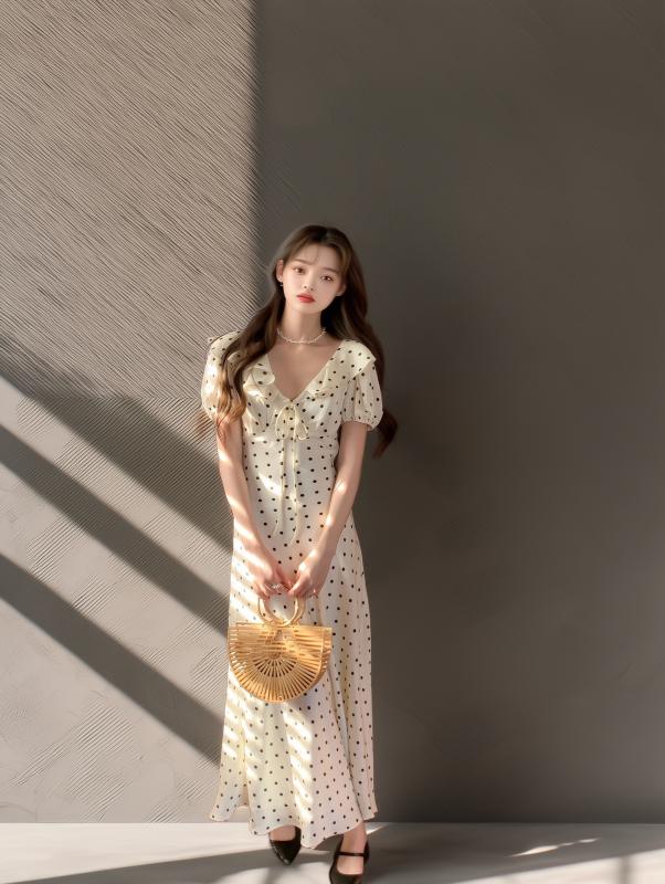 ワンピース レディース 春夏 韓国風 かわいい スリムフィット スタイルアップ ラッフルネック ウエストシェイプ ベルト付き パフスリーブ ポルカドット柄 ロングドレス フェミニン 軽やか 女性らしい|SEIYUショップ