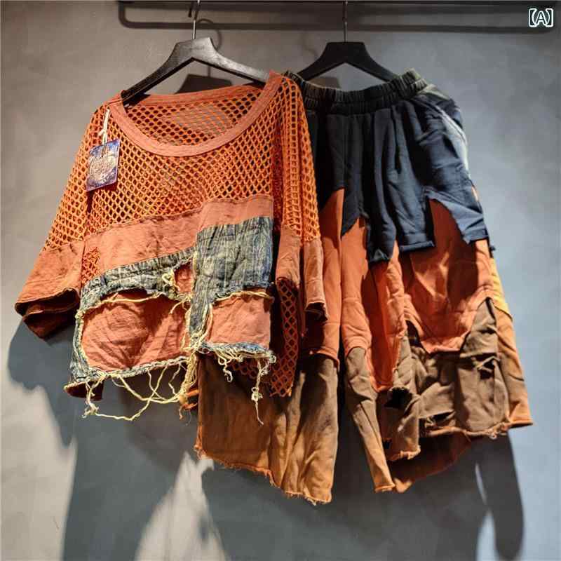 レディース 夏 メッシュ 切り替え 半袖 トップス デニム パンツ フェイクツーピース セット カジュアル 通気性 軽量 コットン混 ビッグシルエット|SEIYUショップ